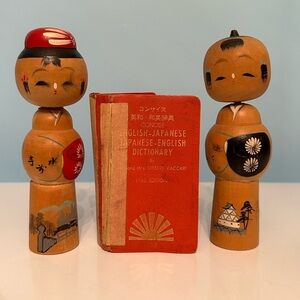 Set by of 2 authentic 1940 Kokeshi dolls & 1960 English/Japanese dictionary